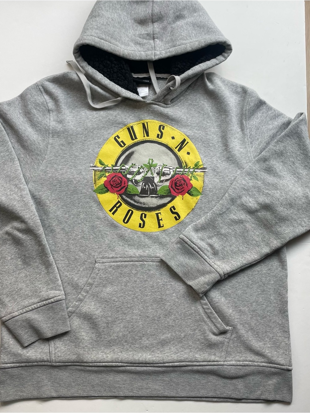 Guns N' Roses Classic Bullet Logo Fleece Hoodie Heather Grey Sherpa Hood Large